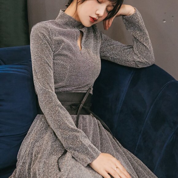 Metallic Silver Glitter Midi Women Dress - Picture 4 of 5